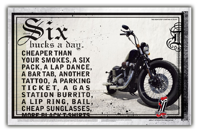 Harley-Davidson Dark Custom — Six Bucks a Day print ad